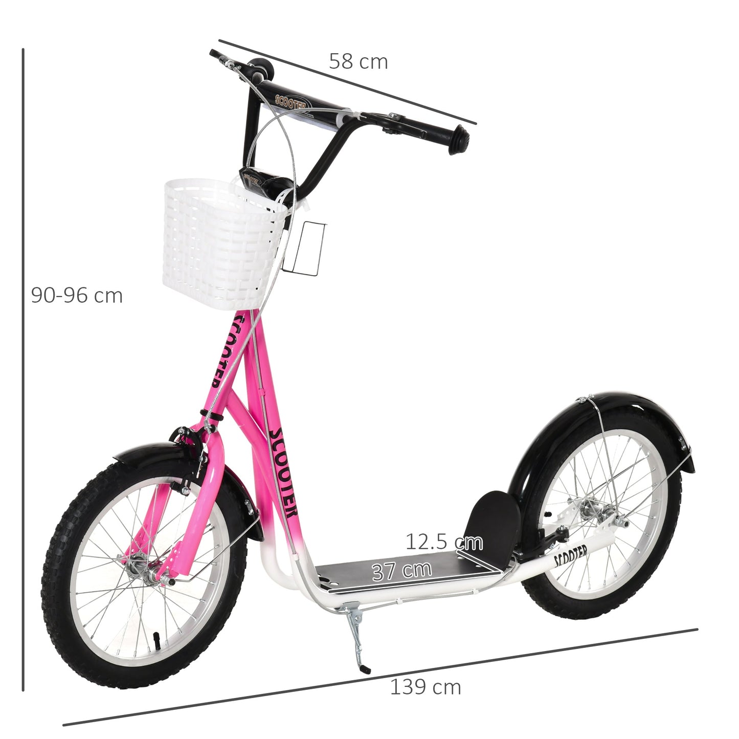 HOMCOM Kids Scooter For Ages 5-12, Adjustable Handlebar, Dual Brakes, 16-Inch Inflatable Wheels, Pink