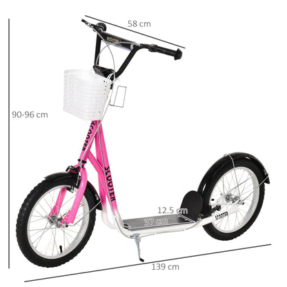 HOMCOM Kids Scooter For Ages 5-12, Adjustable Handlebar, Dual Brakes, 16-Inch Inflatable Wheels, Pink