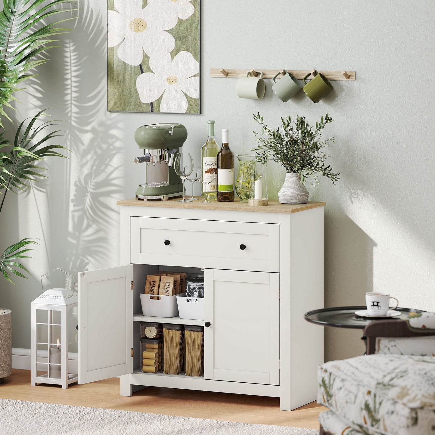 HOMCOM Sideboard Storage Cabinet For Living Rooms And Kitchens With Adjustable Shelf Drawer And Double Doors Cream White