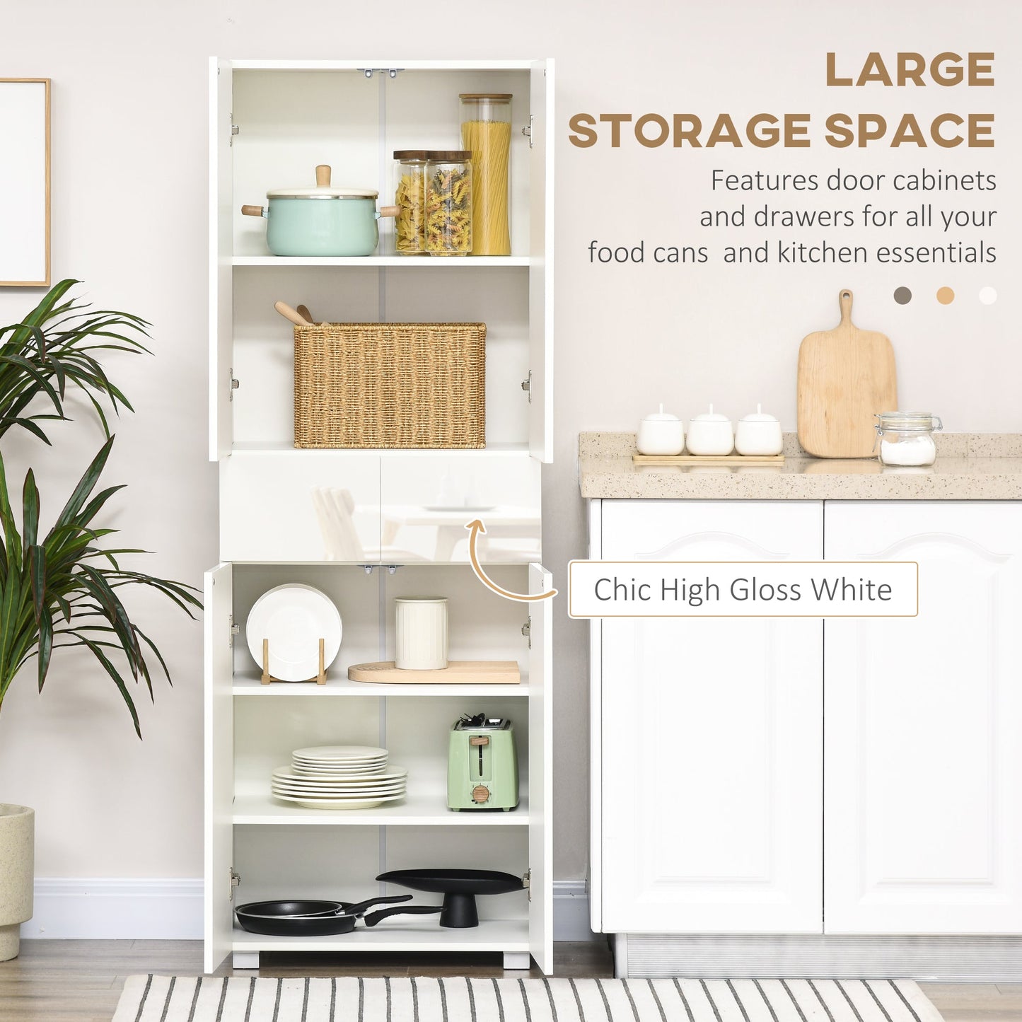 HOMCOM Kitchen Cupboard With Five Tier Storage Three Adjustable Shelves Two Drawers Push To Open Living Room Cabinet