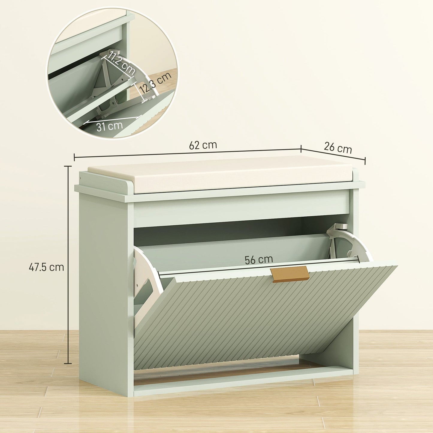 HOMCOM Elegant Shoe Bench With Top Seat Green, 120 Kg Capacity, Flip Drawer Storage, Entryway Organizer