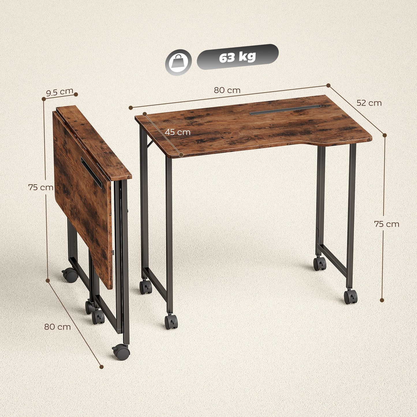 HOMCOM Folding Desk On Wheels With Locking Wheels Rustic Brown Space Saving For Small Spaces