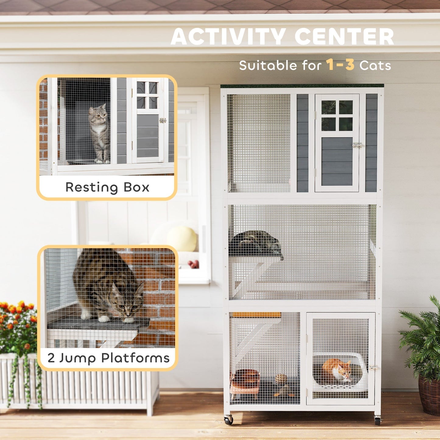PawHut Wooden Catio Outdoor Cat Enclosure With Waterproof Roof Platforms For Multiple Cats White