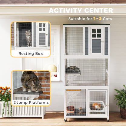PawHut Wooden Catio Outdoor Cat Enclosure With Waterproof Roof Platforms For Multiple Cats White
