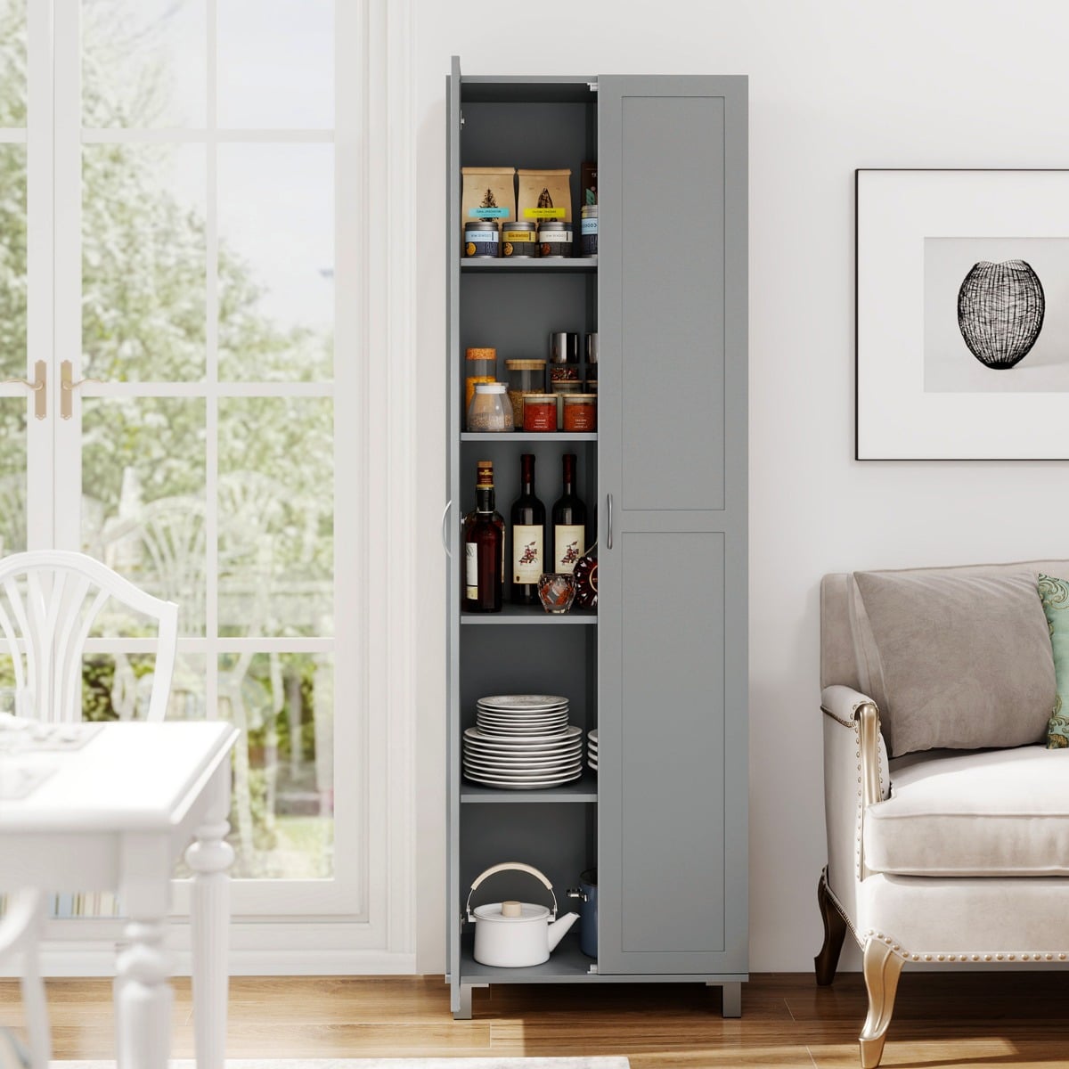 Double Door Tall Storage Cabinet With Adjustable Shelves And Anti Tilt Design For Home And Small Space