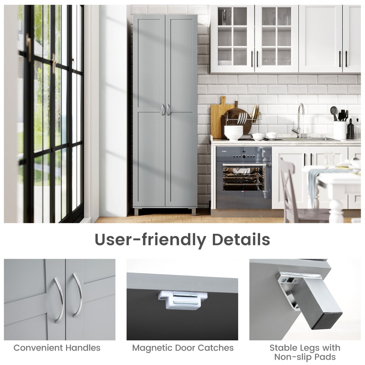 Double Door Tall Storage Cabinet With Adjustable Shelves And Anti Tilt Design For Home And Small Space