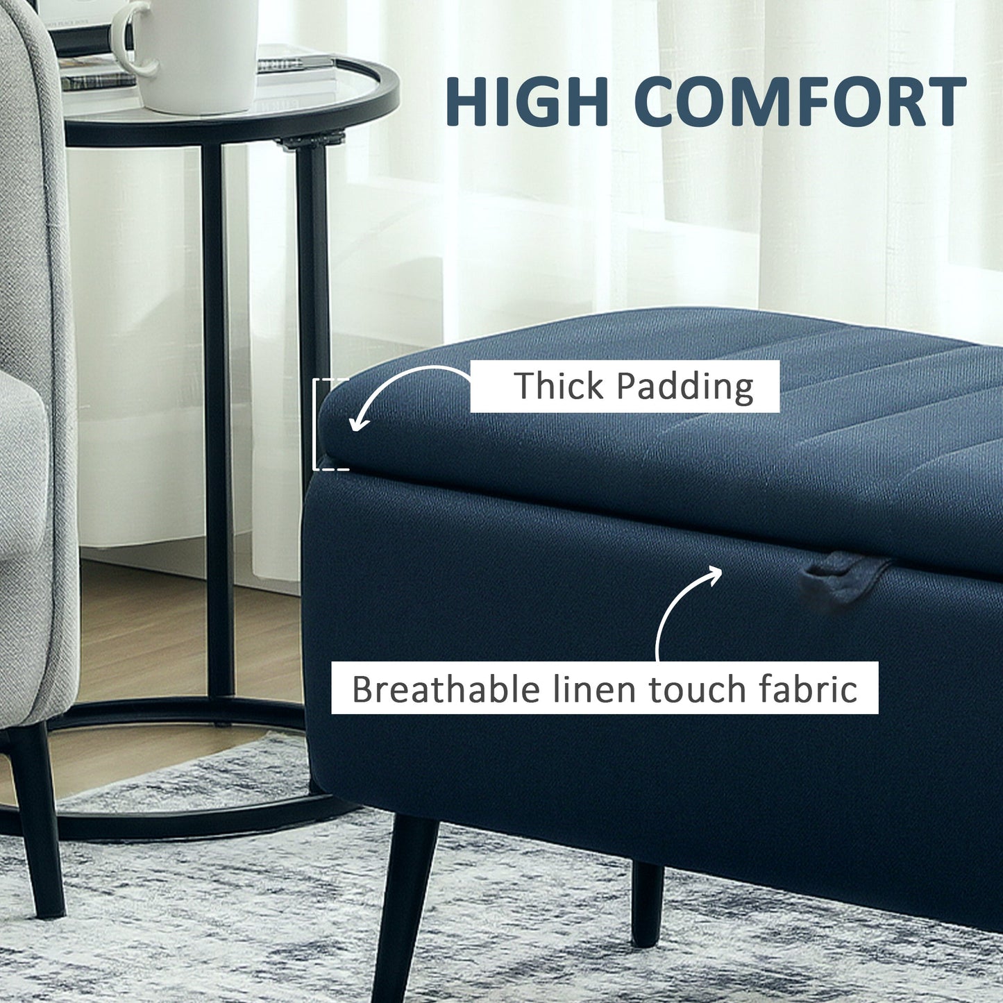 HOMCOM Linen Look Storage Ottoman 92cm By 31cm For Living Room Padded Lid