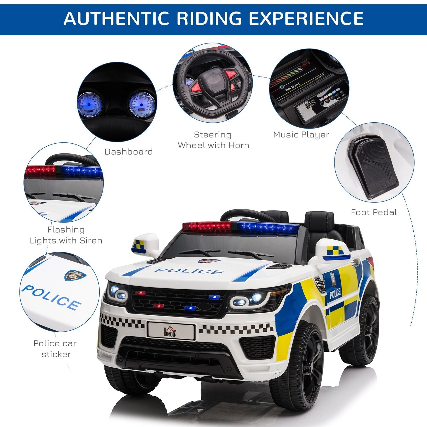 Homcom 12V Kids Electric Police Car With Remote Control 2 Motors Siren Lights For Ages 3 To 6 White