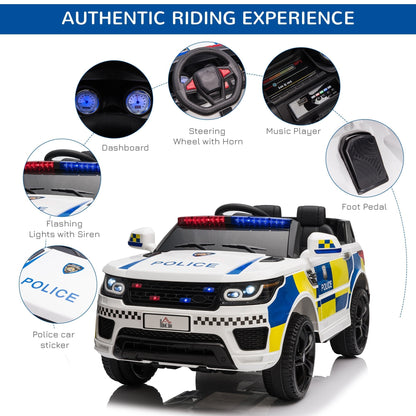 Homcom 12V Kids Electric Police Car With Remote Control 2 Motors Siren Lights For Ages 3 To 6 White