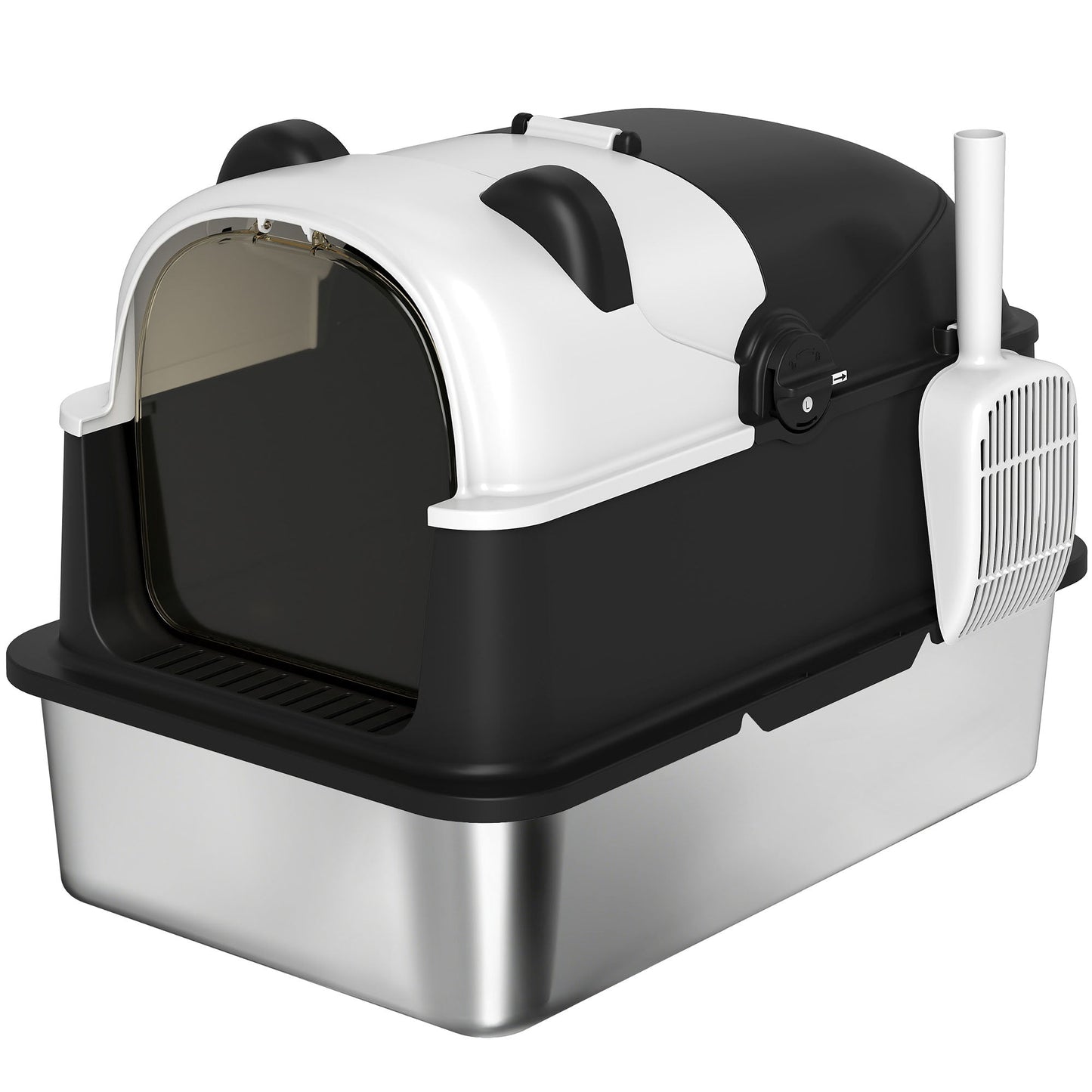 PawHut Panda Style XL Stainless Steel Cat Litter Box With Lid Enclosed For Cat Owners Scoop Included Easy Clean