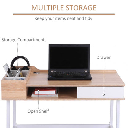 HOMCOM Computer Desk With Storage Drawer And Cable Management Oak White Ideal For Home Office And Students