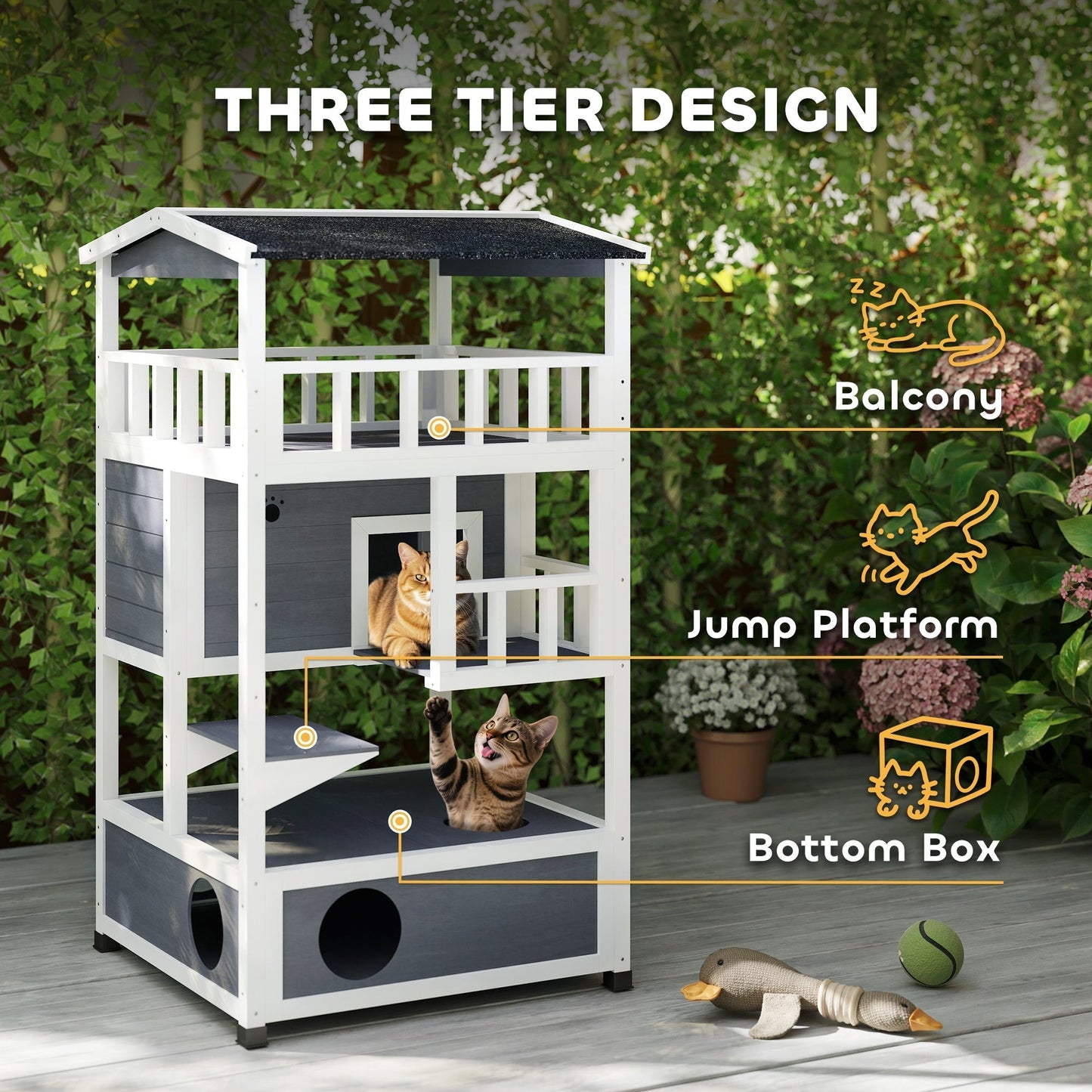 PawHut Outdoor Cat House 3 Tier Shelter With Tilted Roof Terrace Jump Step Waterproof Paint For Cat Lovers