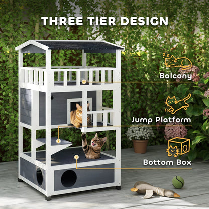 PawHut Outdoor Cat House 3 Tier Shelter With Tilted Roof Terrace Jump Step Waterproof Paint For Cat Lovers