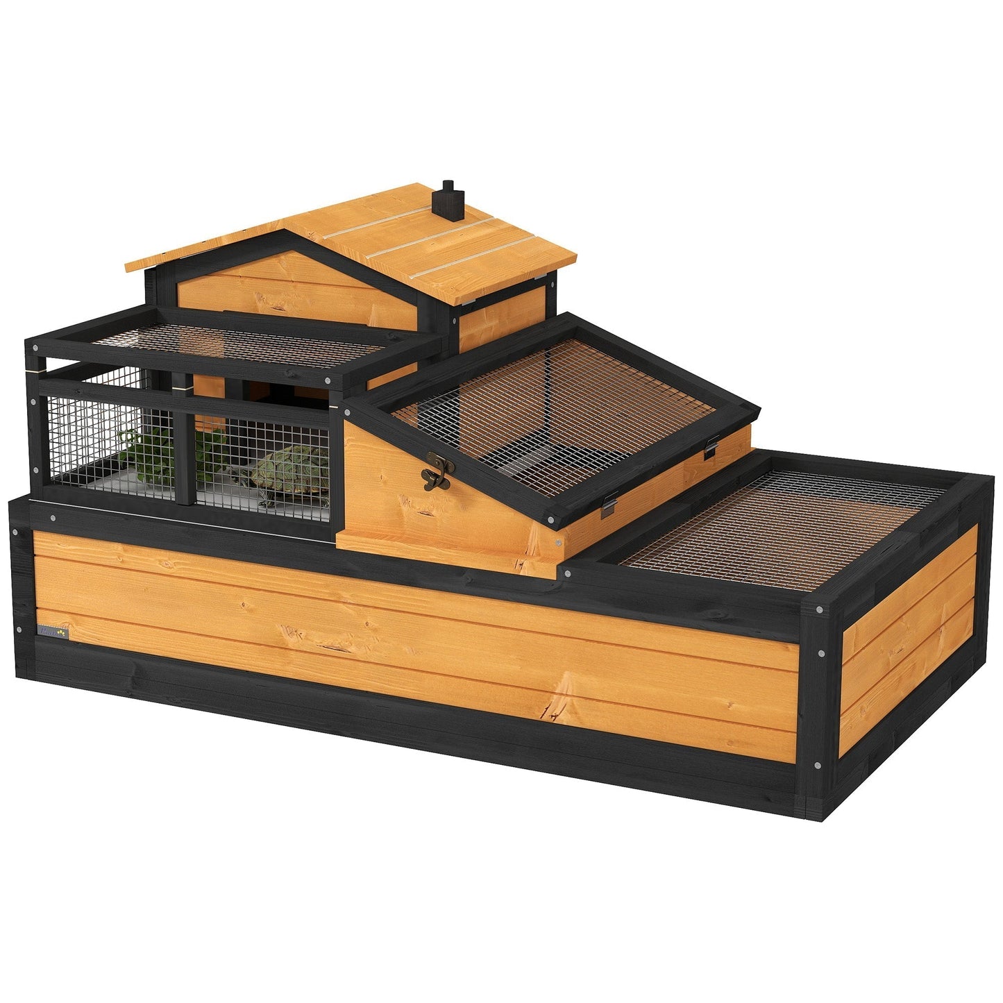 PawHut Wooden Tortoise House With Balcony And Roof Spacious Two Levels Easy Clean Tray Indoor Outdoor For Reptile Lovers