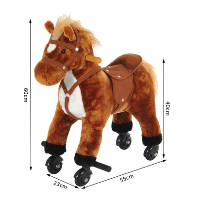 HOMCOM Kids Ride On Rocking Horse With Wheels And Sound Plush Toy For Toddlers 2 Years Up Brown