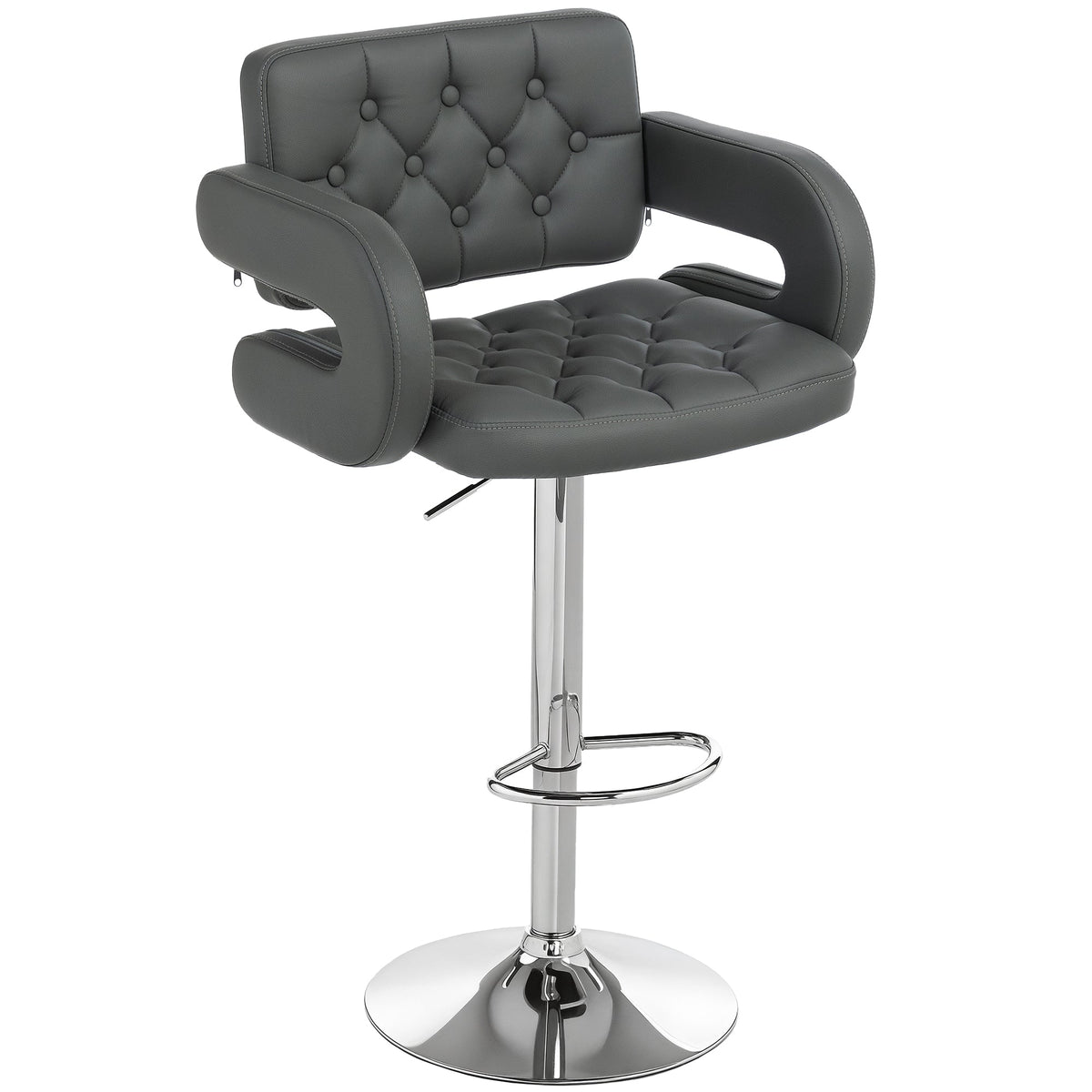 HOMCOM PU Leather Swivel Bar Stool For Home Kitchens With Height Adjustable Back Armrest Footrest Modern Grey