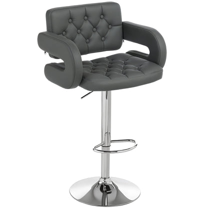 HOMCOM PU Leather Swivel Bar Stool For Home Kitchens With Height Adjustable Back Armrest Footrest Modern Grey
