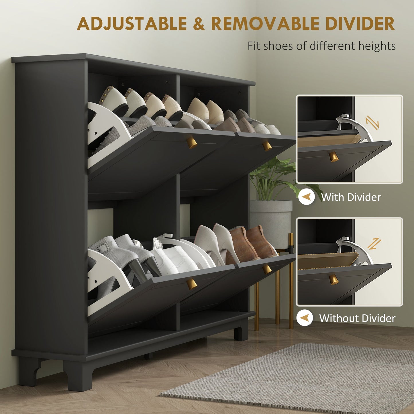 HOMCOM Narrow Shoe Storage Cabinet with 4 Flip Drawers and Adjustable Shelves for 16 Pairs Ideal for Small Entryways