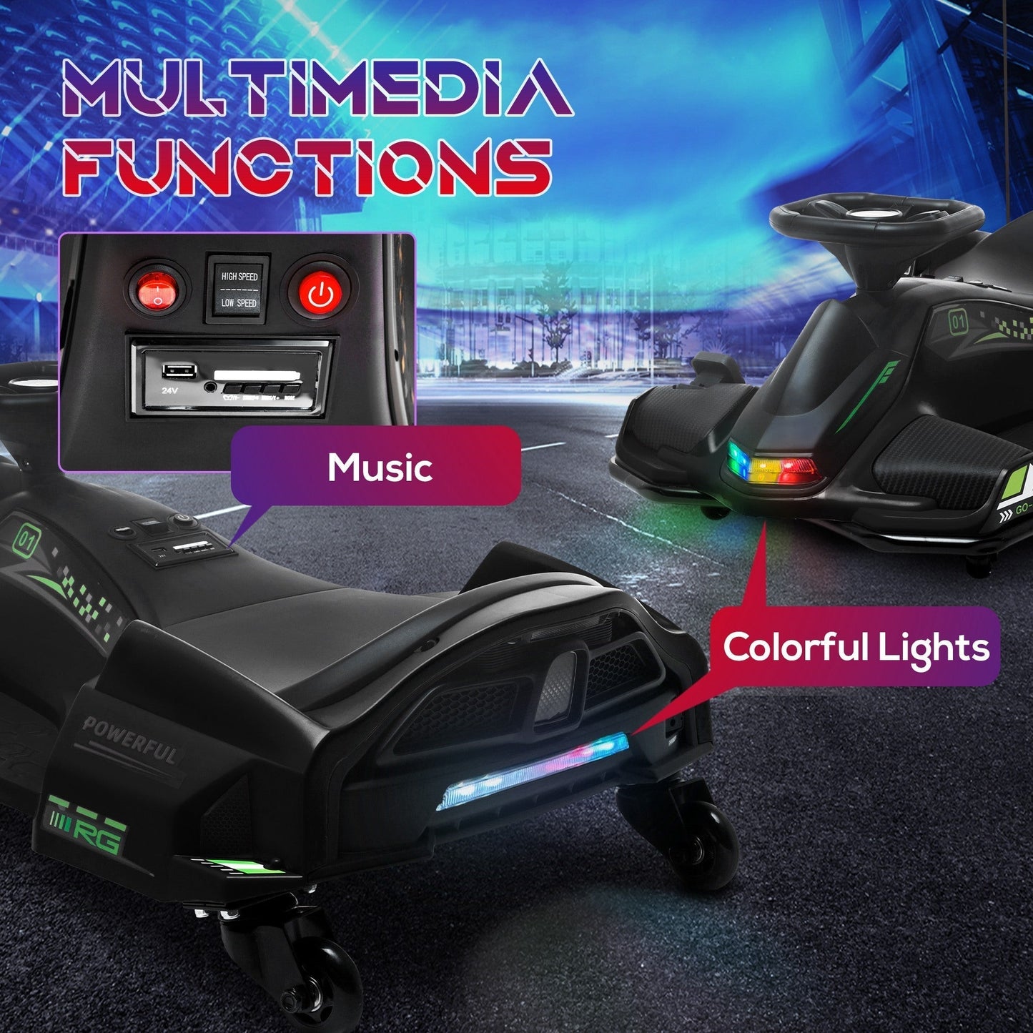 HOMCOM Ages 8 To 12 Kids 12V Electric Go Kart With Drift Function Music LED Lights Slow Start