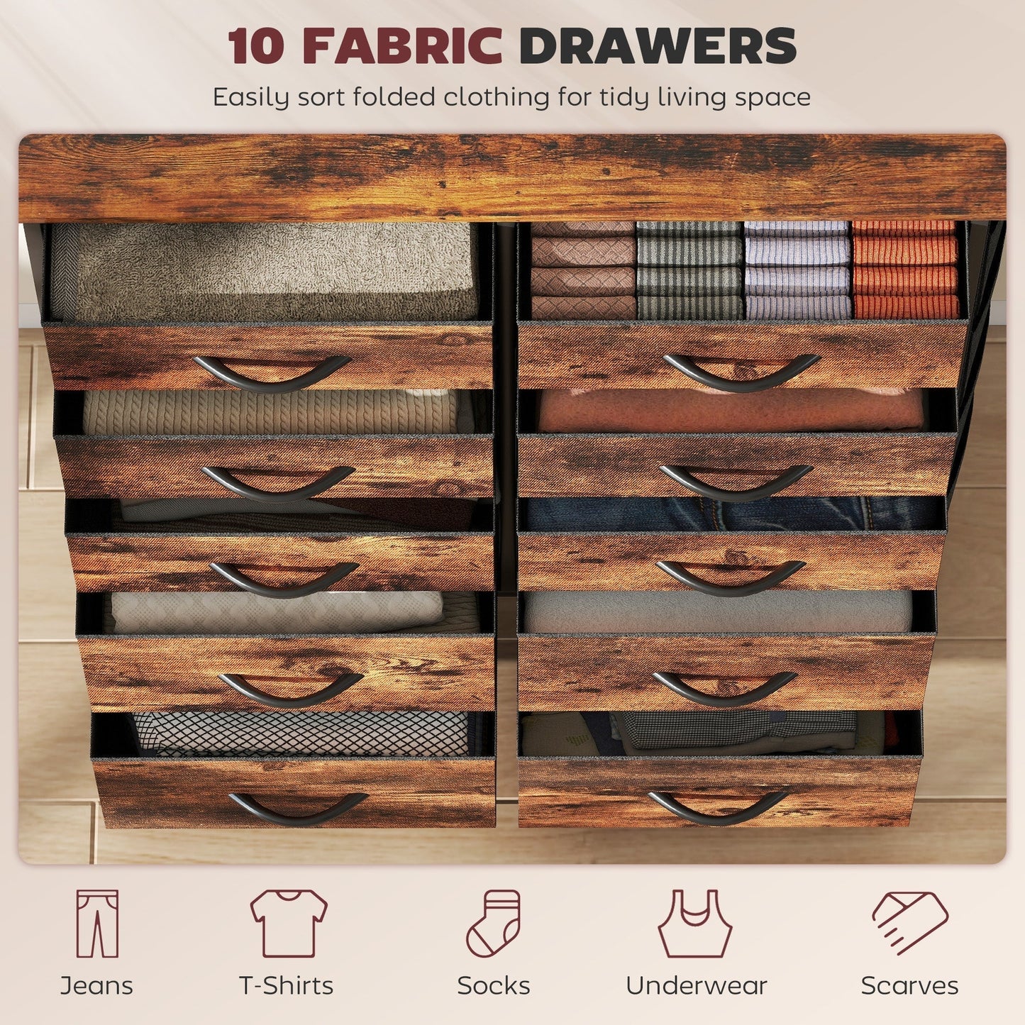 HOMCOM Fabric Chest Of Drawers Ten Drawer Organizer Rustic Brown Bedroom Storage System