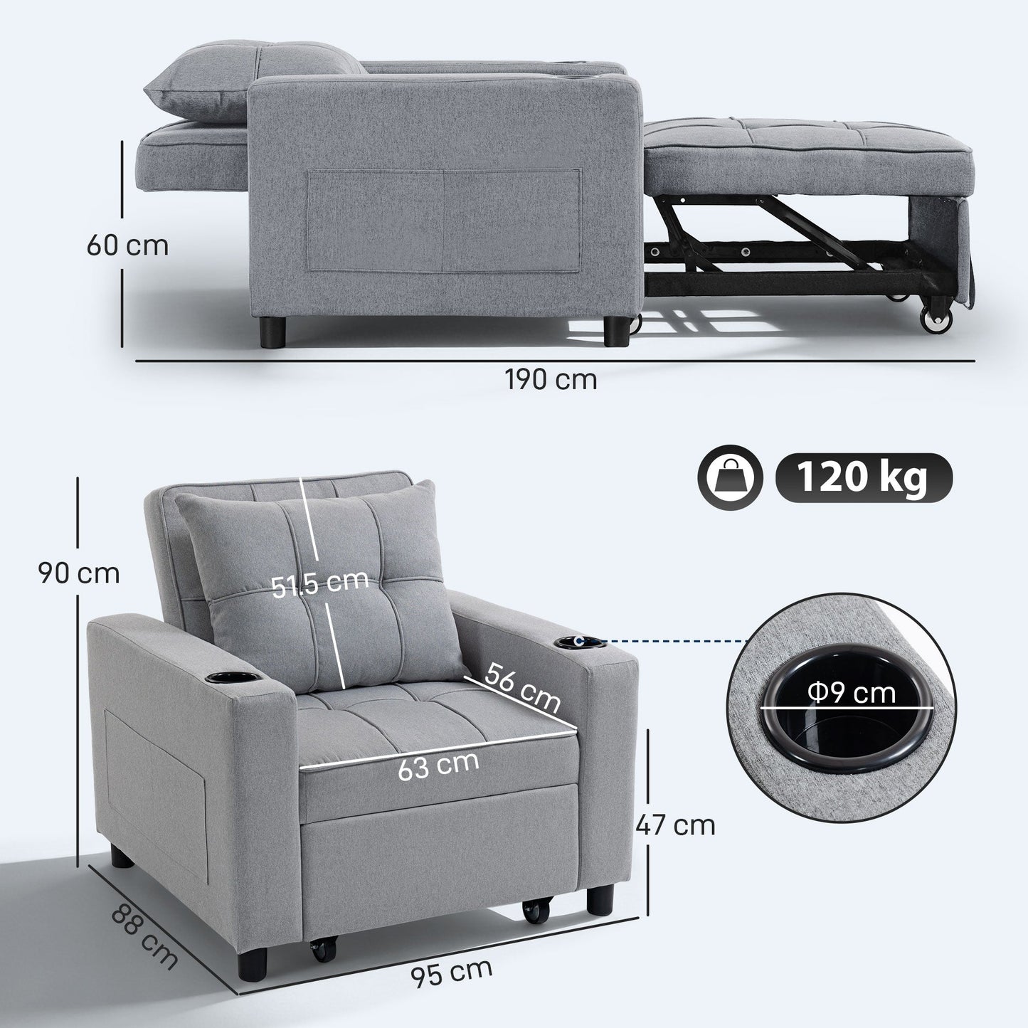 HOMCOM 3-In-1 Sofa Bed Chair For Small Spaces With High-Density Foam Comfort