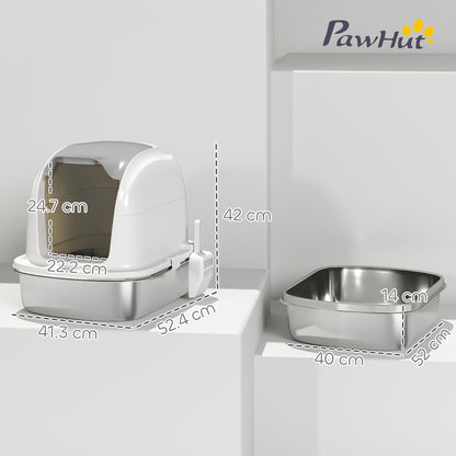 PawHut Stainless Steel Cat Litter Box With Lid Enclosed Privacy Odor Control Scoop Included For Cat Owners
