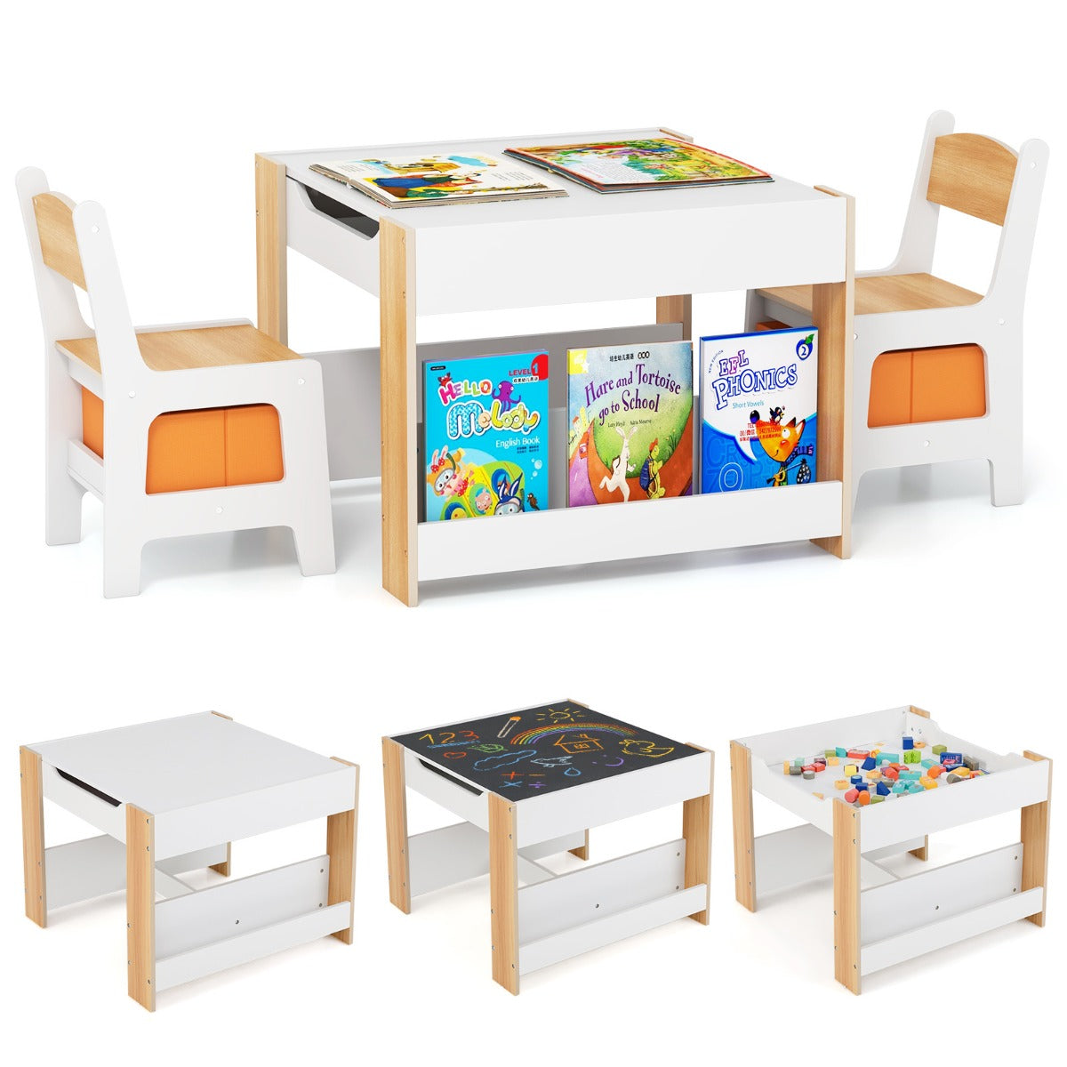 Kids Table And Chairs Set 4 In 1 With Reversible Tabletop And Bookshelves Natural