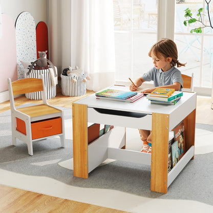Kids Table And Chairs Set 4 In 1 With Reversible Tabletop And Bookshelves Natural