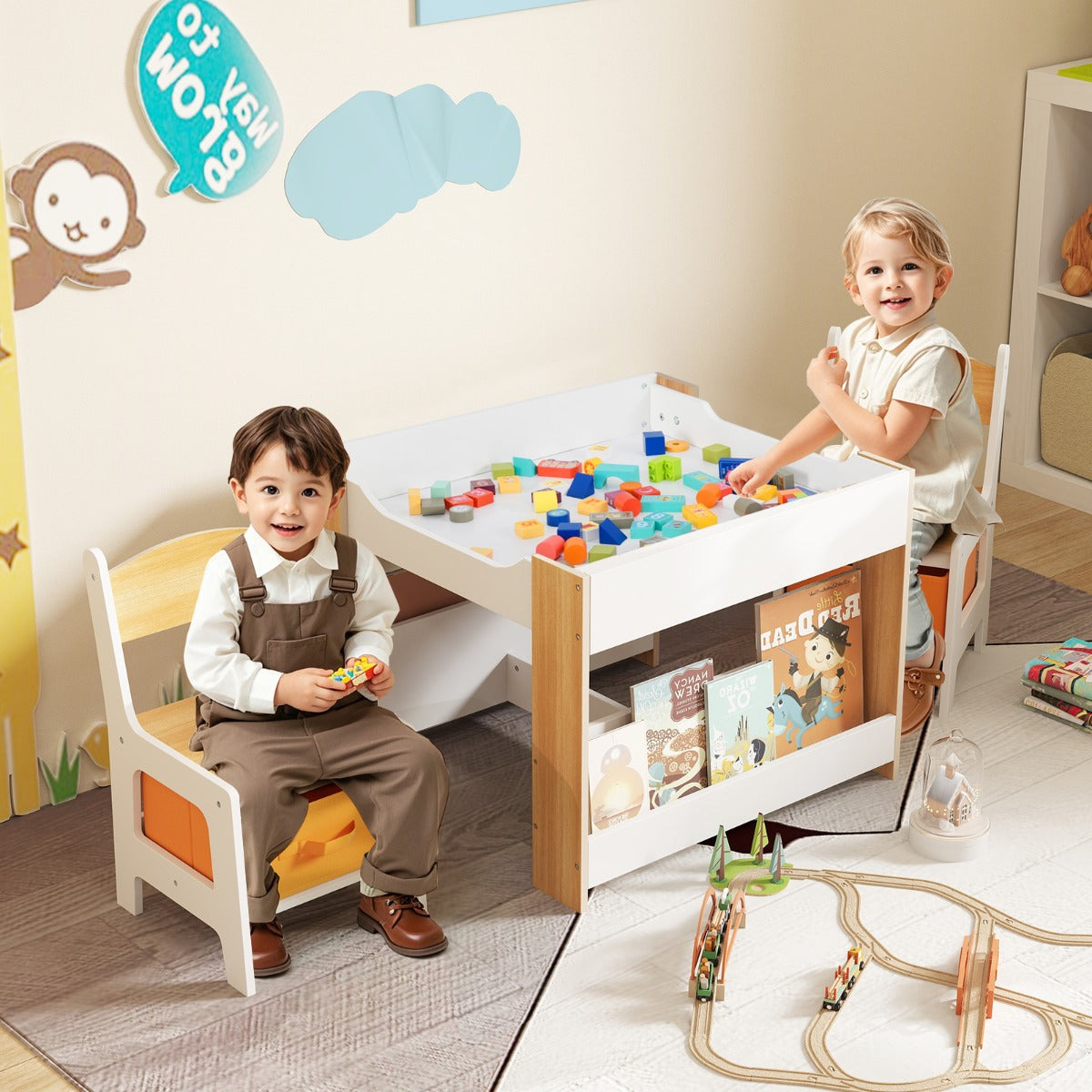 Kids Table And Chairs Set 4 In 1 With Reversible Tabletop And Bookshelves Natural