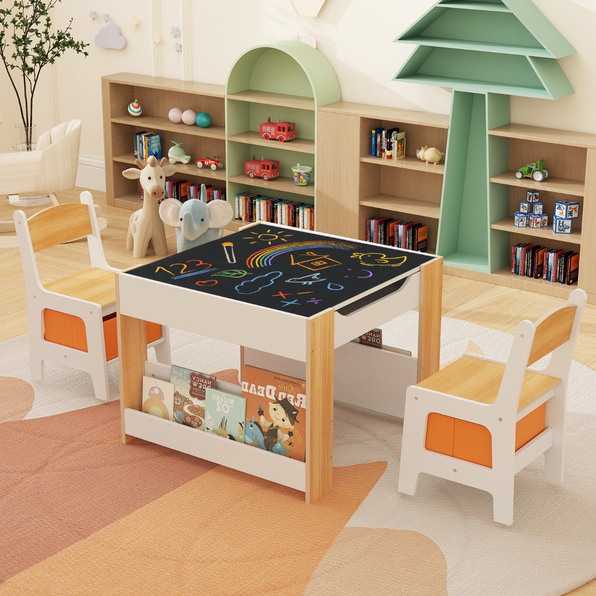 Kids Table And Chairs Set 4 In 1 With Reversible Tabletop And Bookshelves Natural