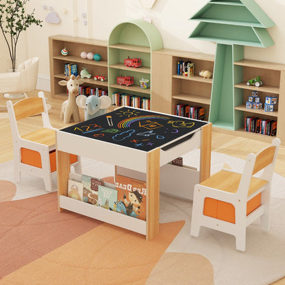 Kids Table And Chairs Set 4 In 1 With Reversible Tabletop And Bookshelves Natural