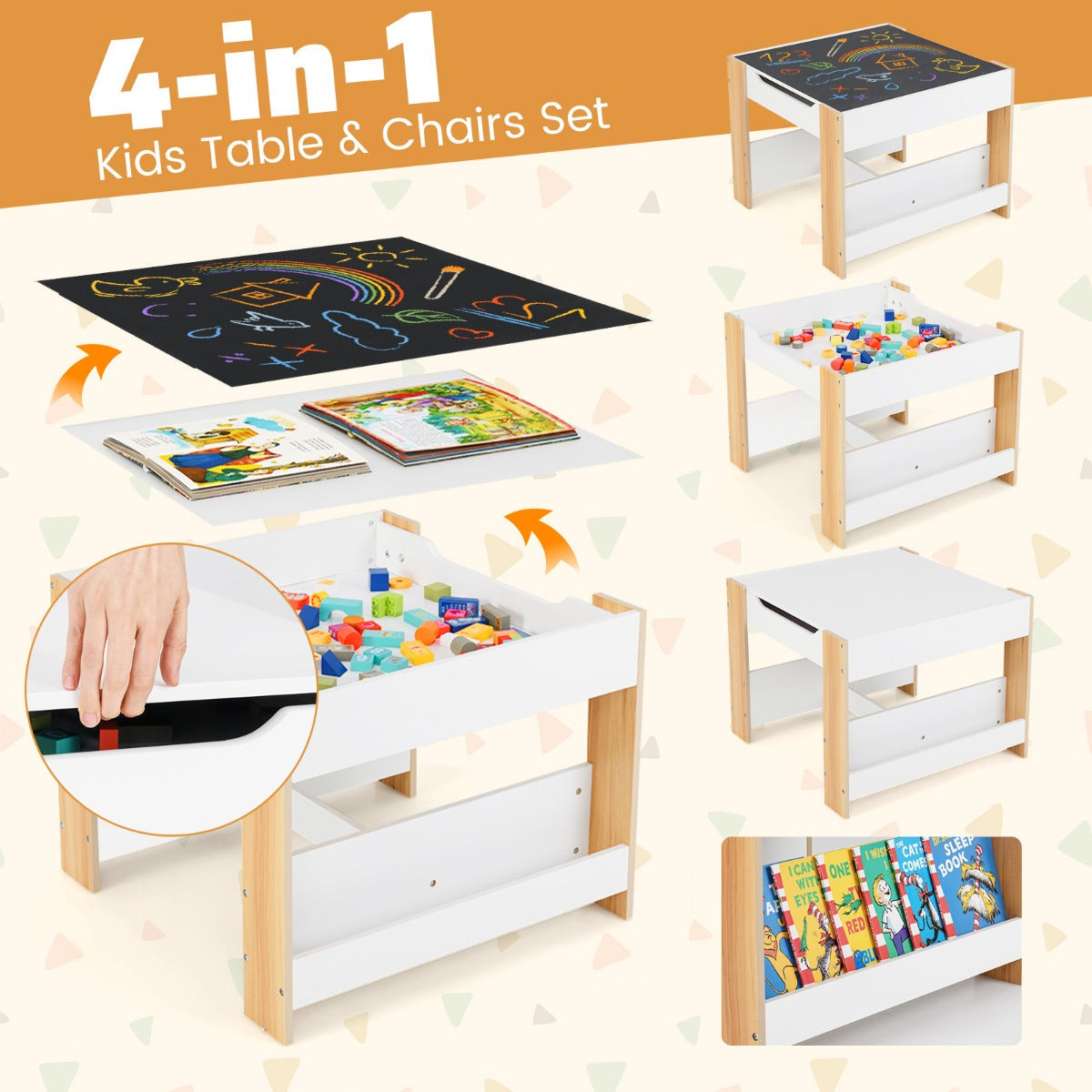 Kids Table And Chairs Set 4 In 1 With Reversible Tabletop And Bookshelves Natural