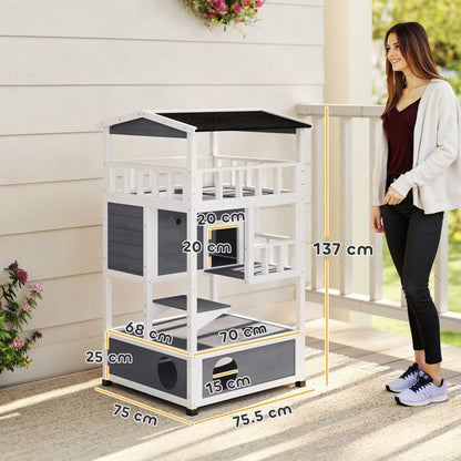 PawHut Outdoor Cat House 3 Tier Shelter With Tilted Roof Terrace Jump Step Waterproof Paint For Cat Lovers
