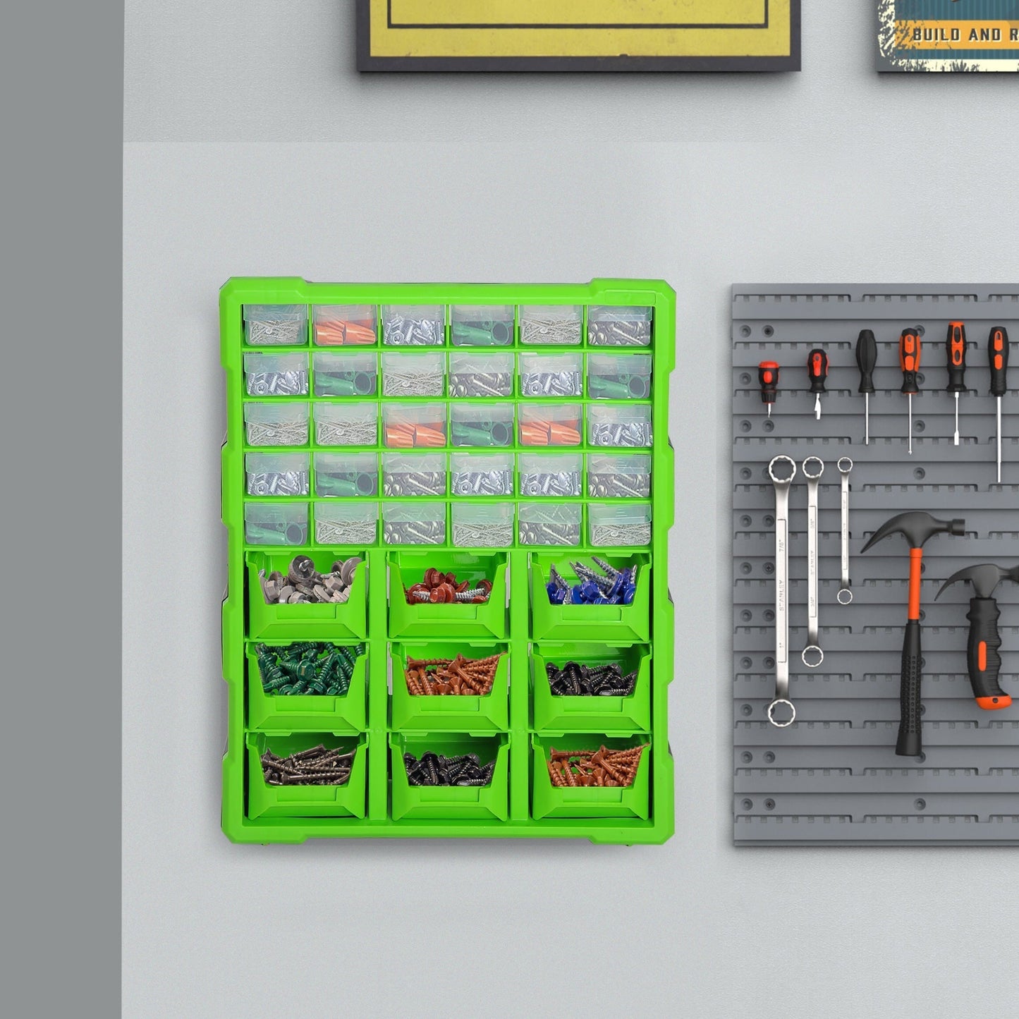DURHAND 39 Drawer Parts Organizer Wall Mount Cabinet For Garage Durable Easy Access With Clear Drawers