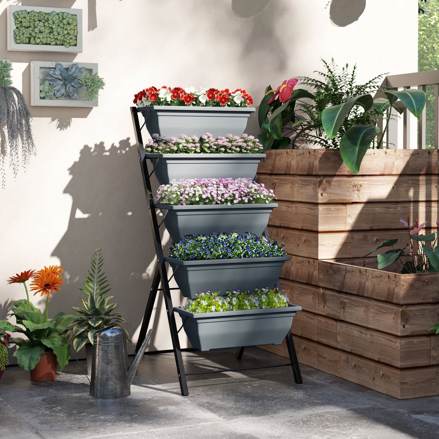 Outsunny 5 Tier Raised Garden Bed With Vertical Ladder 5 Removable Boxes Drainage Holes SpaceSaving For Patios