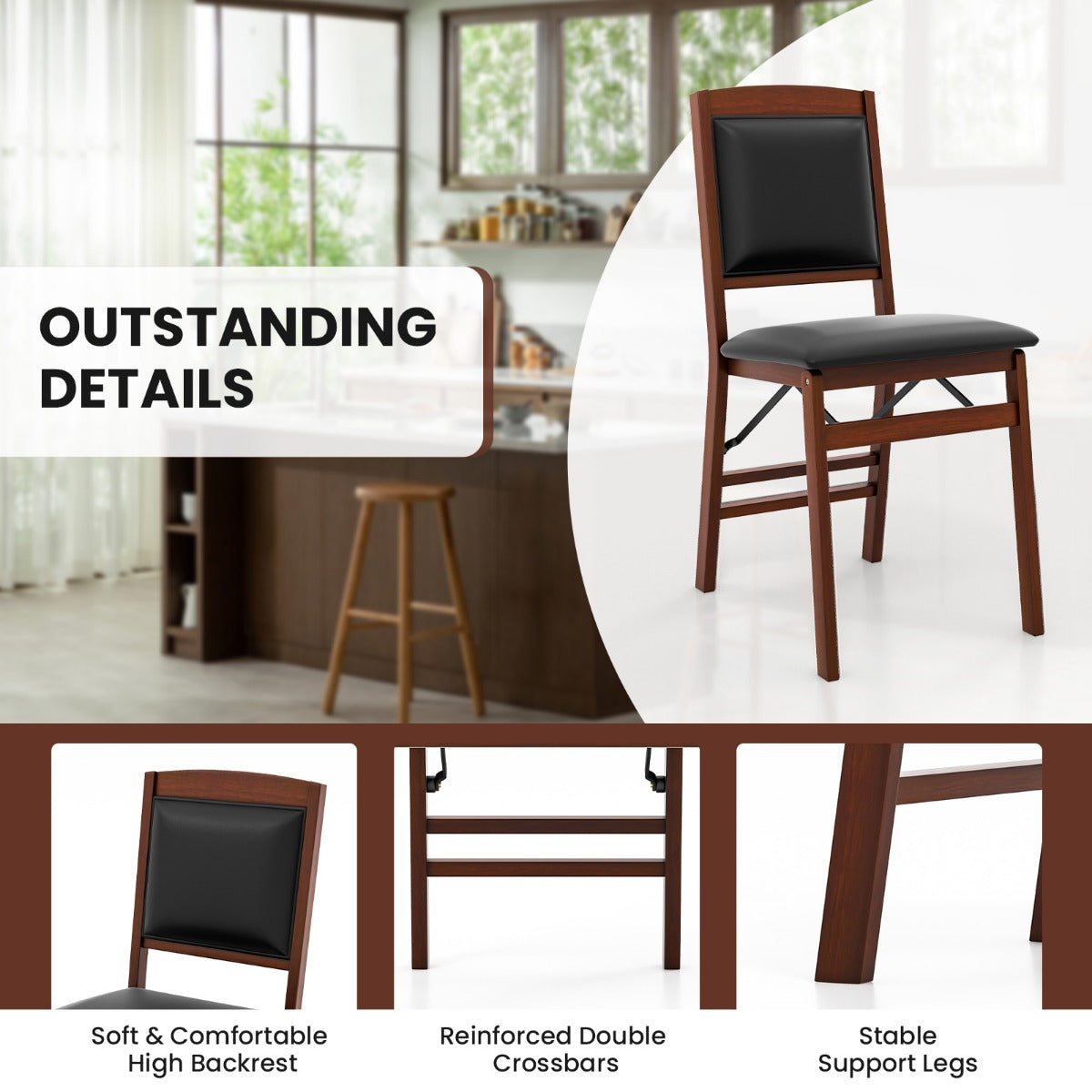 Dining Chair Set Of 2 With Padded Seat And Soft Backrest Foldable