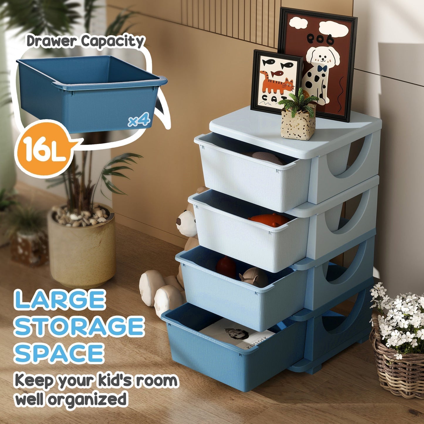 HOMCOM Four Tier Kids Storage Box With Drawers Blue Space Saving Toy Organizer For Kids Durable PP