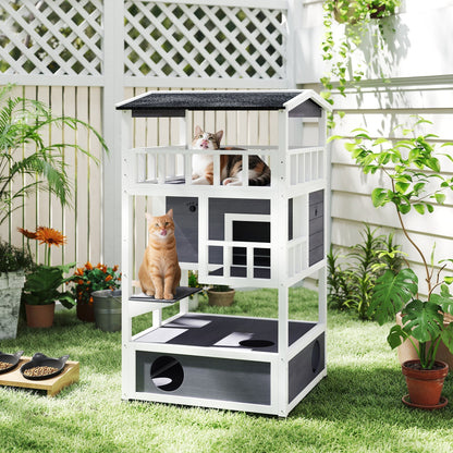 PawHut Outdoor Cat House 3 Tier Shelter With Tilted Roof Terrace Jump Step Waterproof Paint For Cat Lovers