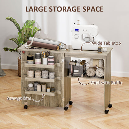 HOMCOM Folding Sewing Table With Drop Leaf And Versatile Storage Bins On Wheels For Small Spaces