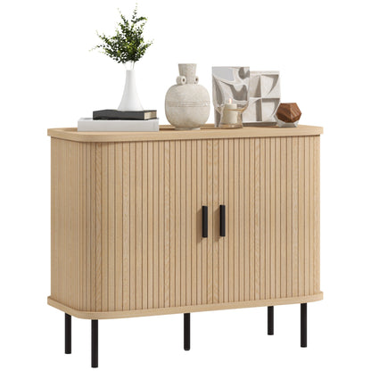 HOMCOM Mid Century Modern Sideboard Cabinet With Slatted Tambour Doors Ideal For Small Kitchens Oak Tone