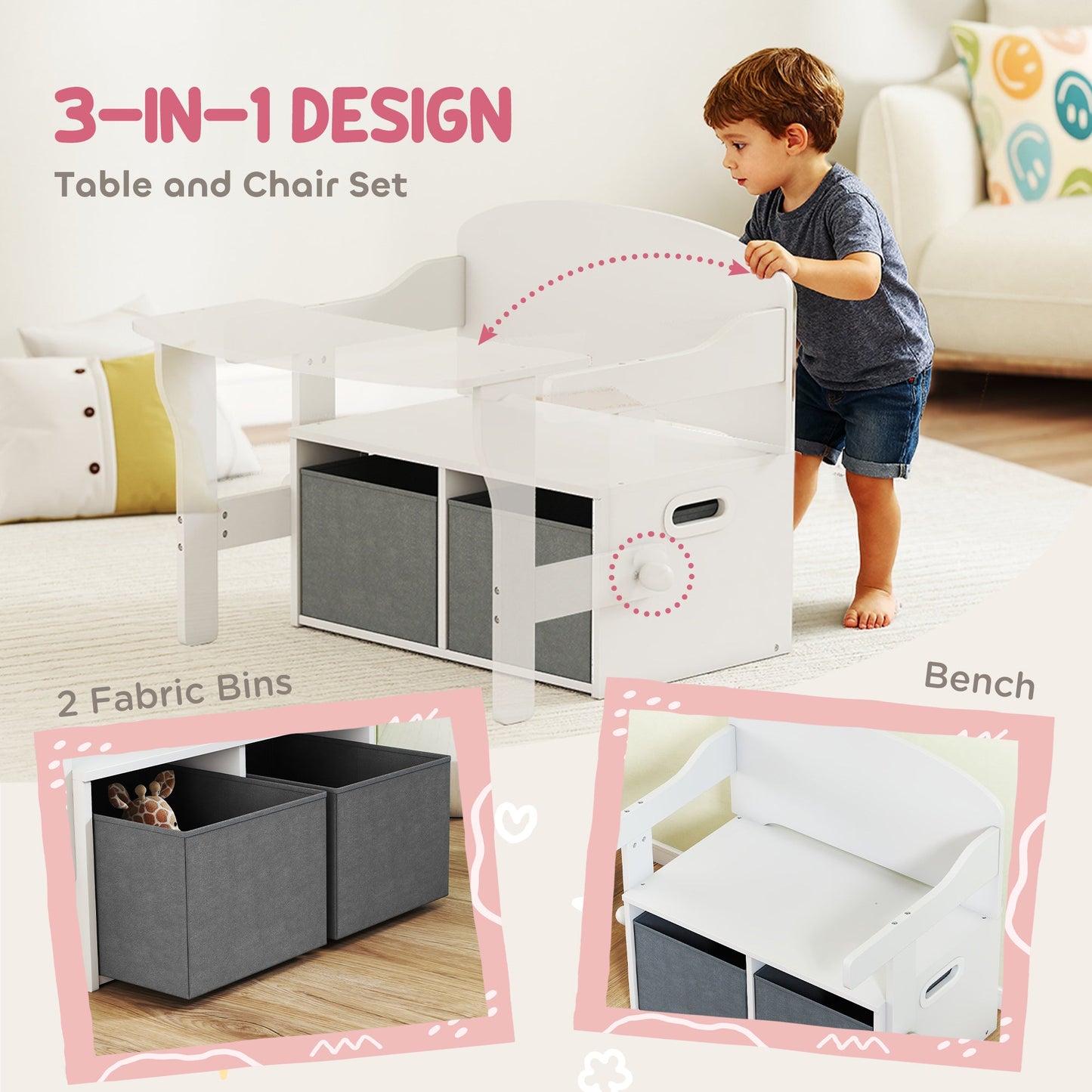 AIYAPLAY 3 In 1 Kids Storage Bench Convertible Table Chair Set With Bins