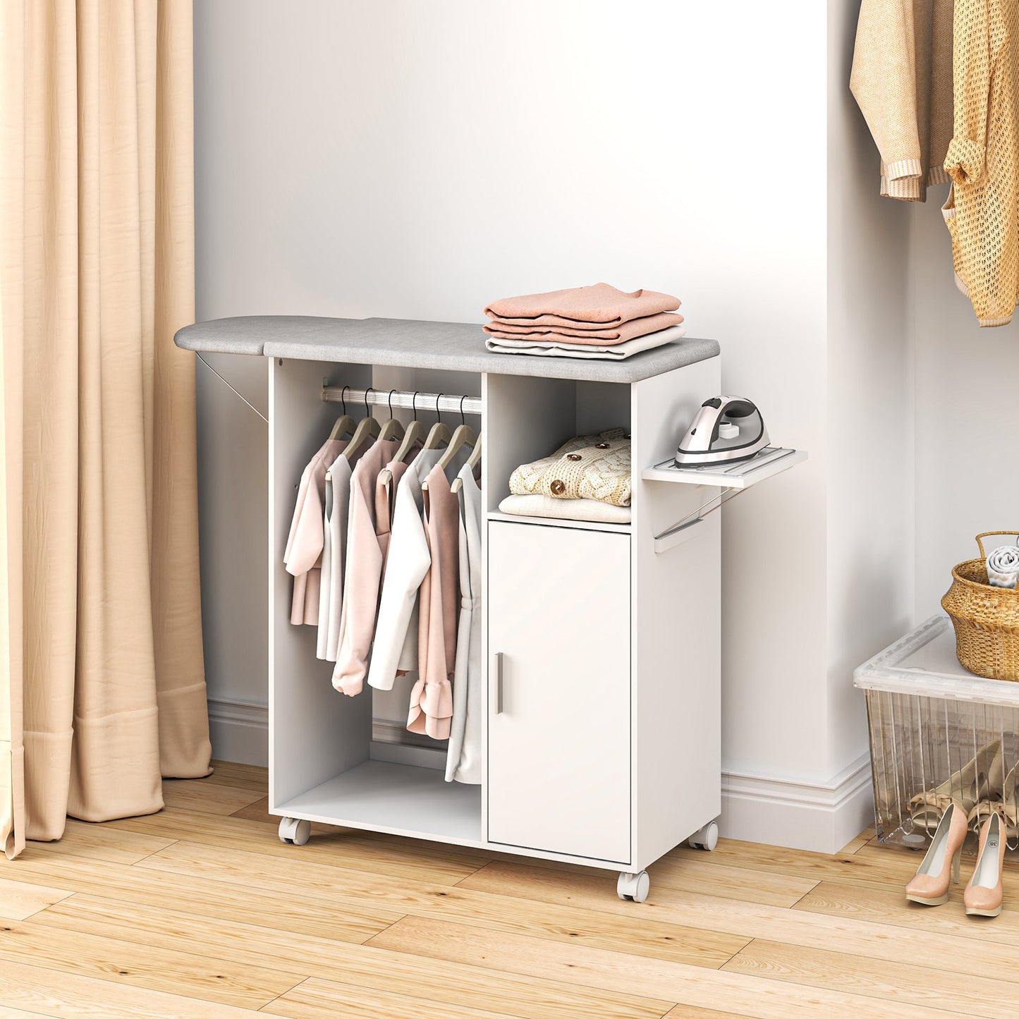 HOMCOM Rolling Ironing Board Cabinet Foldable Top With Storage And Wheels For Small Spaces