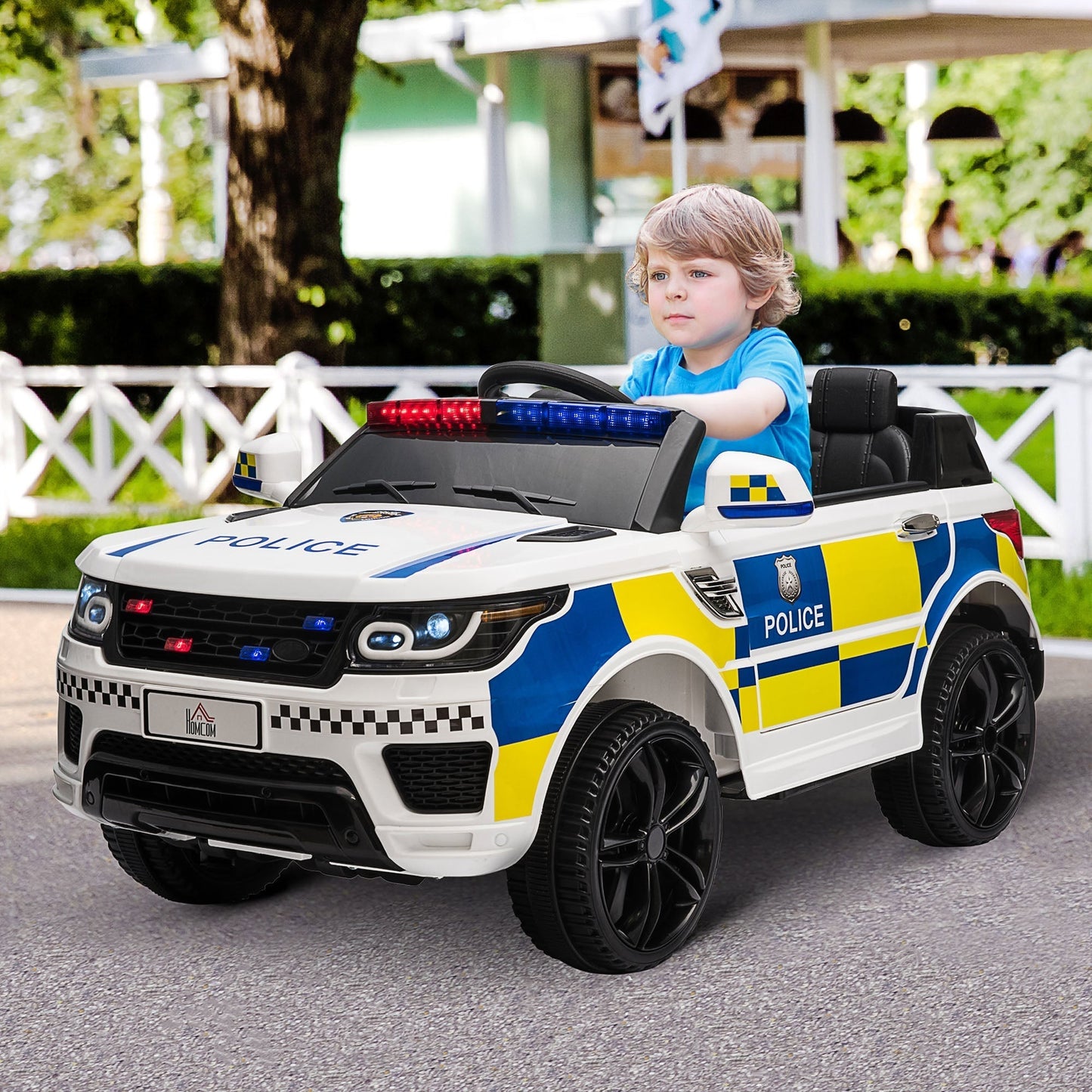 Homcom 12V Kids Electric Police Car With Remote Control 2 Motors Siren Lights For Ages 3 To 6 White