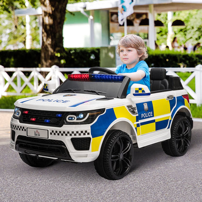 Homcom 12V Kids Electric Police Car With Remote Control 2 Motors Siren Lights For Ages 3 To 6 White