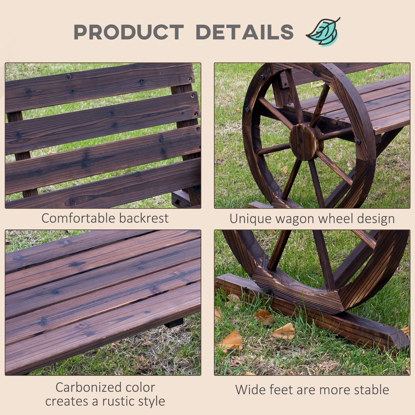 Outsunny 2 Seater Garden Bench With Wagon Wheel Armrests Rustic High Back Outdoor