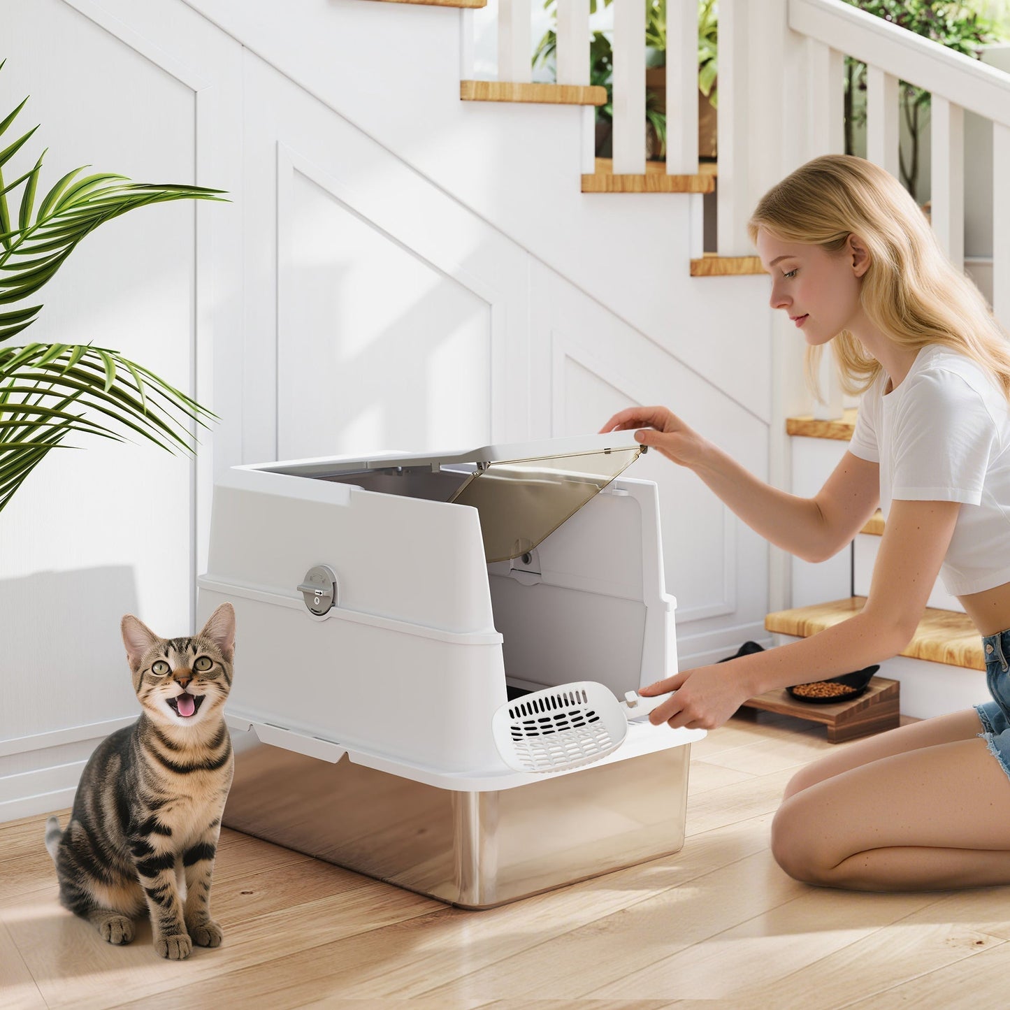 PawHut Extra Large Odour Resistant Stainless Steel Cat Litter Tray With Scoop And Flip Top For Large Cats