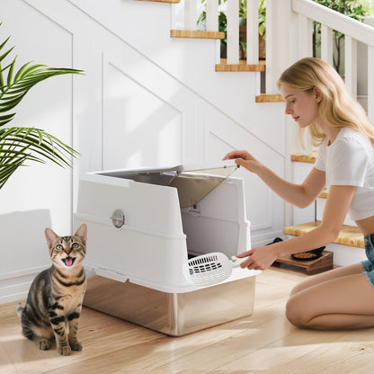 PawHut Extra Large Odour Resistant Stainless Steel Cat Litter Tray With Scoop And Flip Top For Large Cats