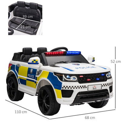 Homcom 12V Kids Electric Police Car With Remote Control 2 Motors Siren Lights For Ages 3 To 6 White