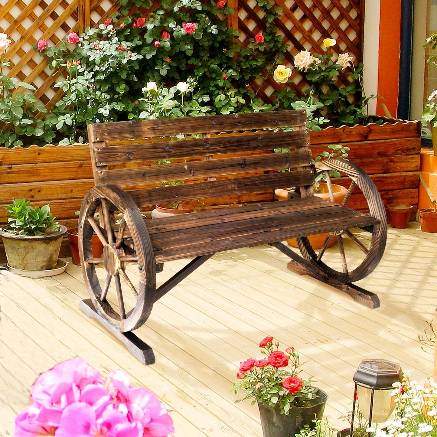 Outsunny 2 Seater Garden Bench With Wagon Wheel Armrests Rustic High Back Outdoor