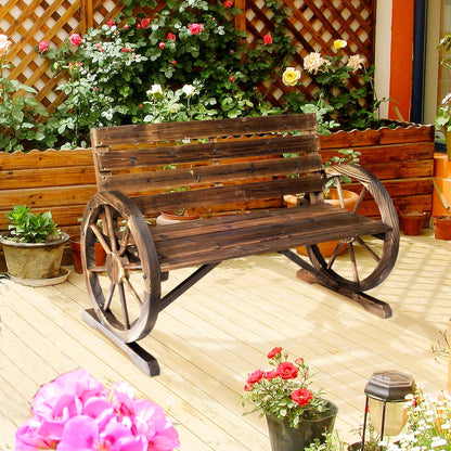 Outsunny 2 Seater Garden Bench With Wagon Wheel Armrests Rustic High Back Outdoor